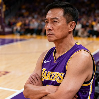 一位40岁左右的资深篮球迷头像，短发利落，身穿湖人队紫金配色球衣，在球场边线附近站立，双手抱臂表情认真，展现出资深球迷的沉稳气质。